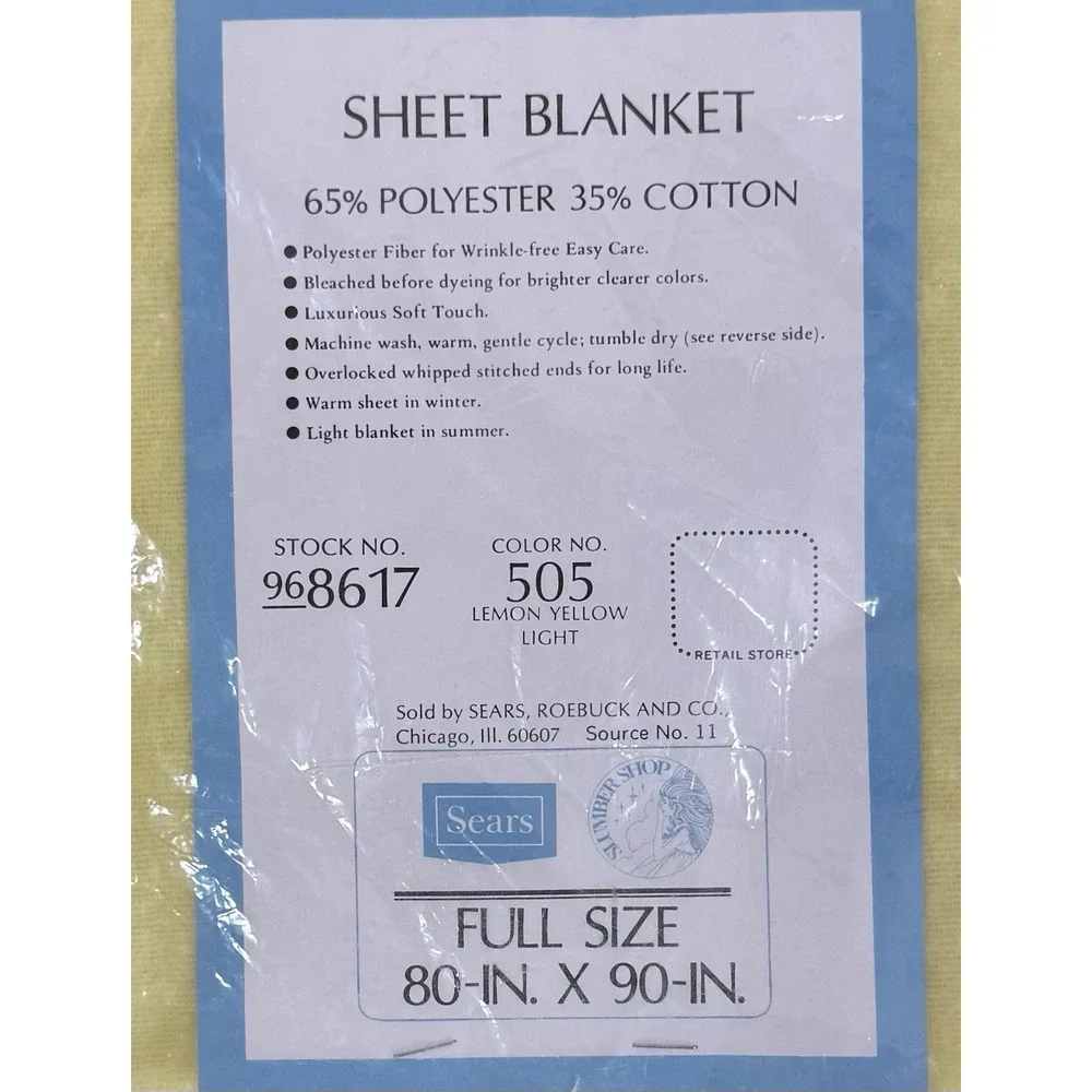 NOS Vintage Sears Slumber Shop Full Sheet Blanket 80x90 Lemon Yellow Sealed 70s